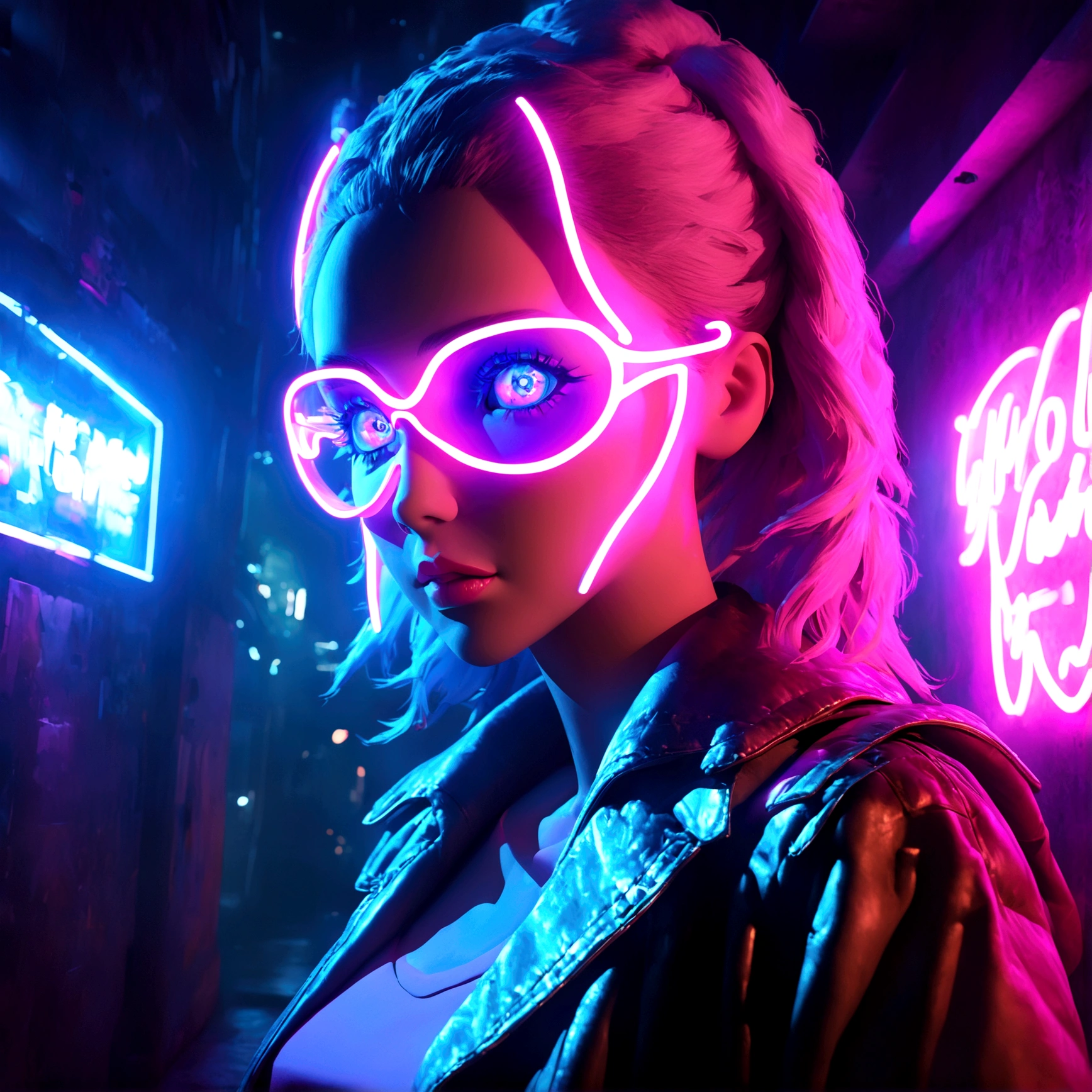 a neon sign of a girl wearing makeup,neon girl,vibrant neon sign,detailed facial features,beautiful detailed eyes,beautiful detailed lips,extremely detailed face,high quality 3D render,photorealistic,cinematic lighting,dynamic composition,colorful neon lights,bold colors,glowing neon,futuristic,cyberpunk aesthetic,urban environment,night scene,ray traced,physically-based rendering,octane render,unreal engine,best quality,8k,masterpiece