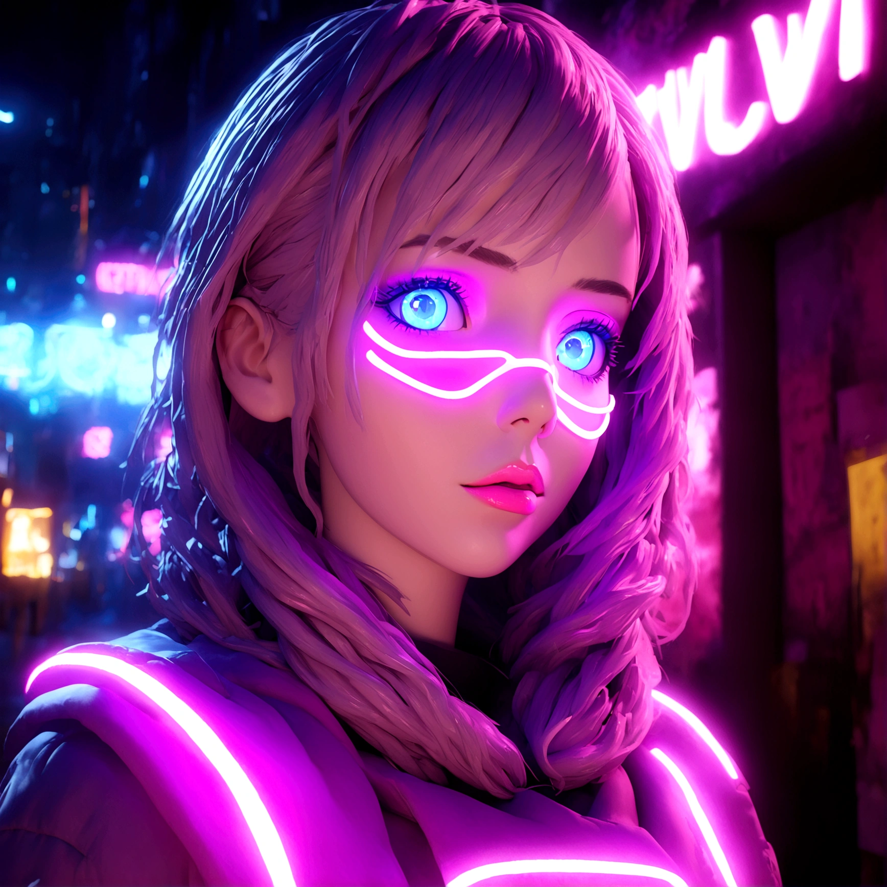 a neon sign of a girl wearing makeup,neon girl,vibrant neon sign,detailed facial features,beautiful detailed eyes,beautiful detailed lips,extremely detailed face,high quality 3D render,photorealistic,cinematic lighting,dynamic composition,colorful neon lights,bold colors,glowing neon,futuristic,cyberpunk aesthetic,urban environment,night scene,ray traced,physically-based rendering,octane render,unreal engine,best quality,8k,masterpiece