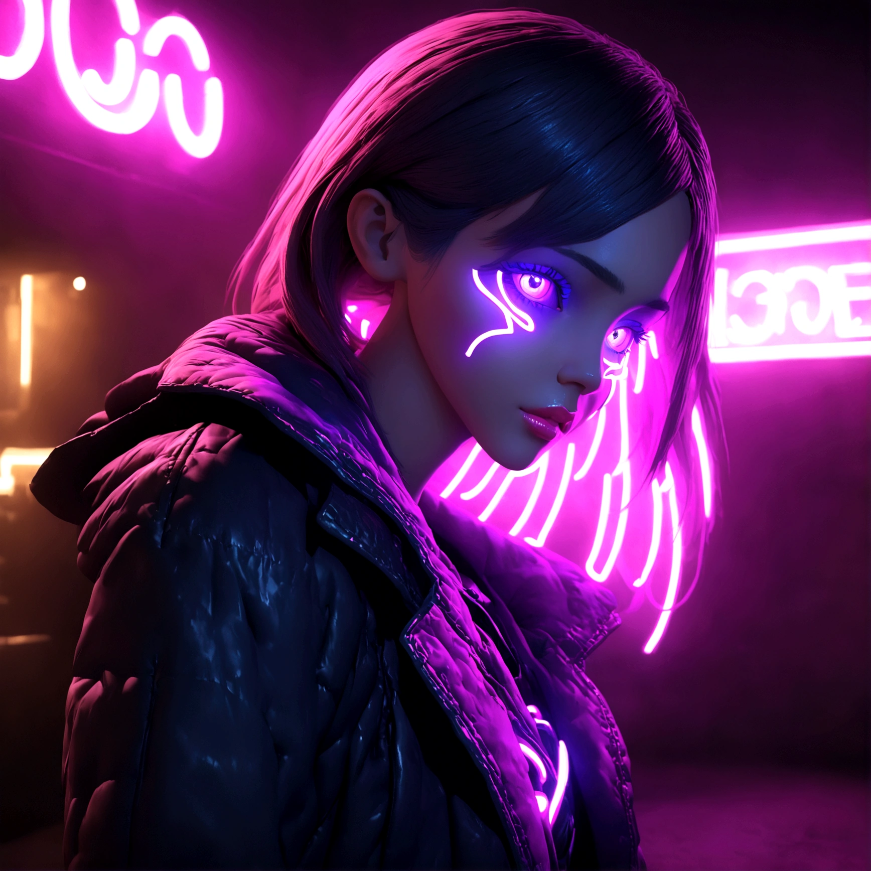 a neon sign of a girl wearing makeup,neon girl,vibrant neon sign,detailed facial features,beautiful detailed eyes,beautiful detailed lips,extremely detailed face,high quality 3D render,photorealistic,cinematic lighting,dynamic composition,colorful neon lights,bold colors,glowing neon,futuristic,cyberpunk aesthetic,urban environment,night scene,ray traced,physically-based rendering,octane render,unreal engine,best quality,8k,masterpiece