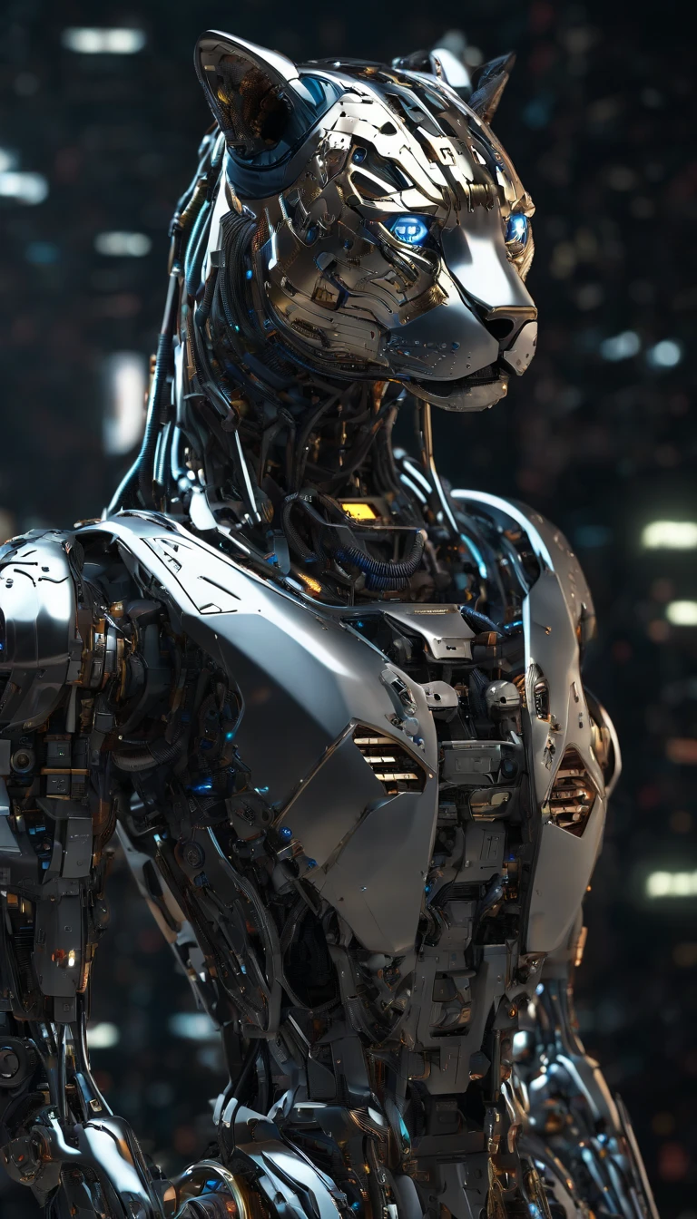 cyberpunk cheetah robot, robotic feline, mechanical cheetah, chrome fur, glowing cybernetic eyes, futuristic predator, advanced AI-powered cheetah, sleek and powerful mechanical cat, intricate cybernetic mechanisms, hyper-realistic cheetah face, highly detailed robotic cheetah, photorealistic cyberpunk cheetah, cinematic lighting, dramatic shadows, sci-fi atmosphere, moody color palette, (best quality,4k,8k,highres,masterpiece:1.2),ultra-detailed,(realistic,photorealistic,photo-realistic:1.37)