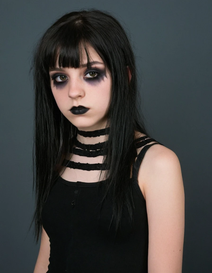 35mm, 18yo woman portrait, photostudio, studio, dark hair, slim, sexy, skin texture, eyeshadow, makeup, emo style goth, 