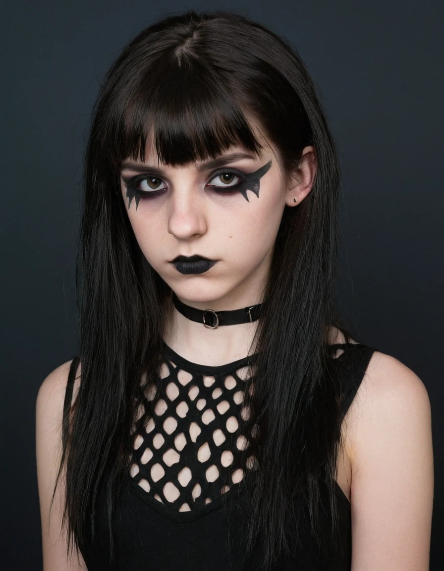 35mm, 18yo woman portrait, photostudio, studio, dark hair, slim, sexy, skin texture, eyeshadow, makeup, emo style goth, 