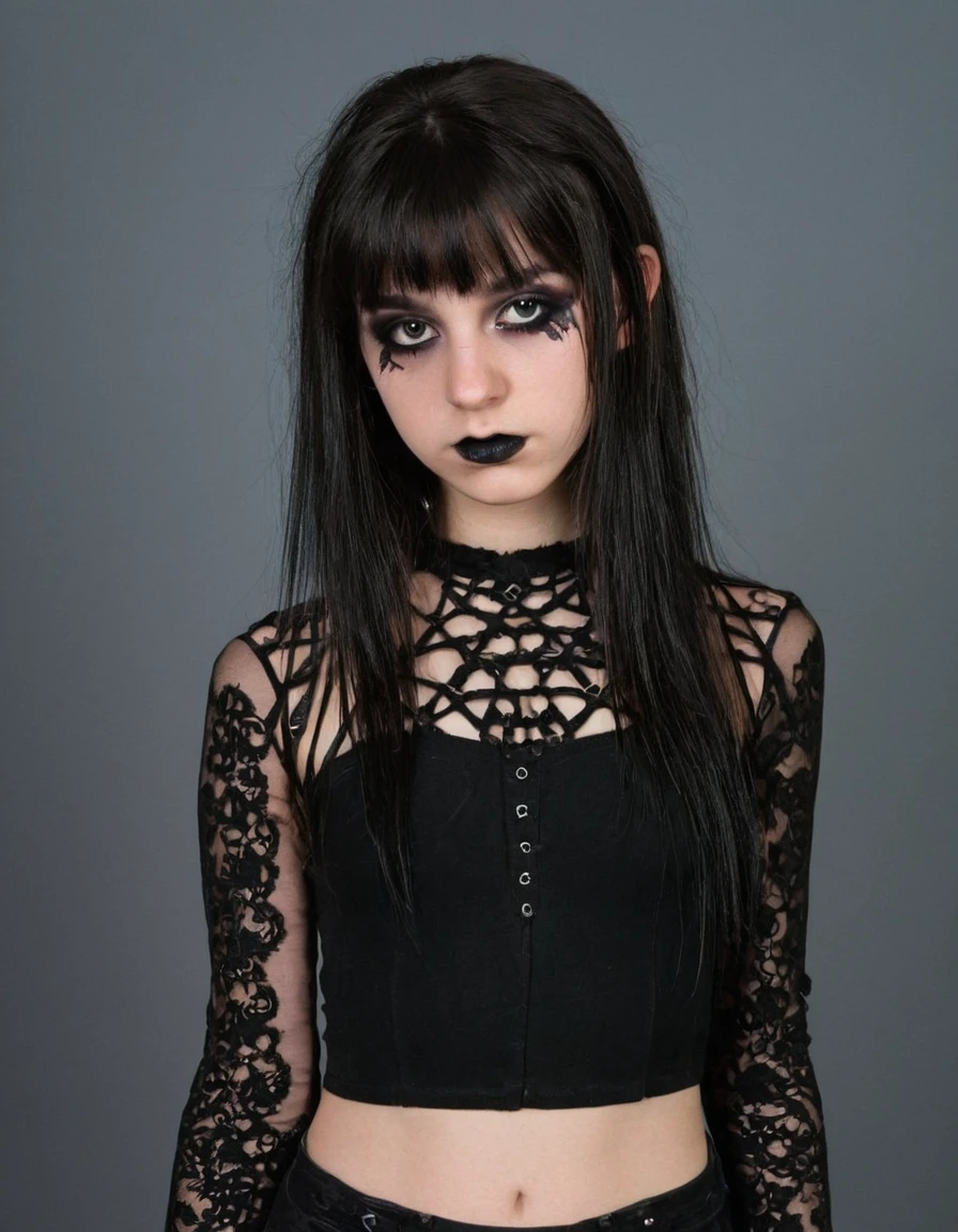 35mm, 18yo woman portrait, photostudio, studio, dark hair, slim, sexy, skin texture, eyeshadow, makeup, emo style goth, 