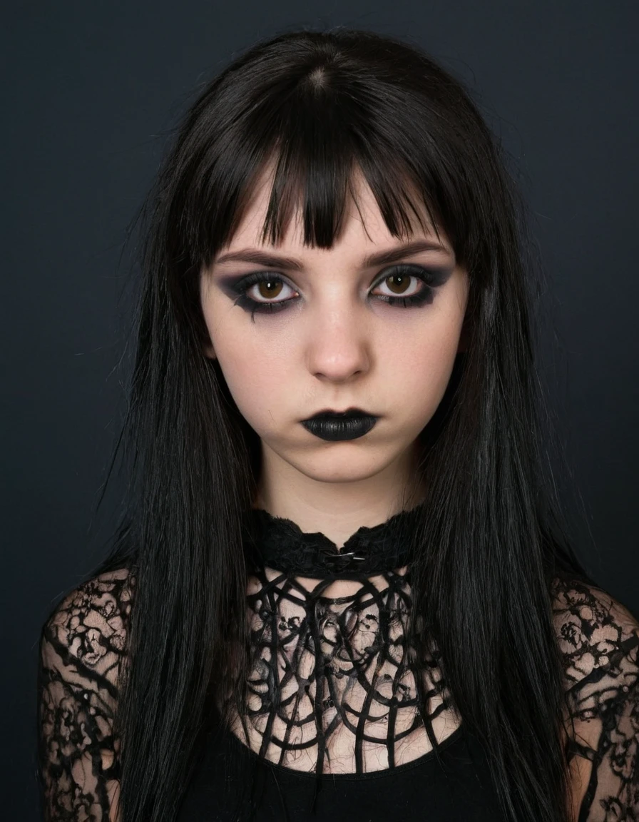 35mm, 18yo woman portrait, photostudio, studio, dark hair, slim, sexy, skin texture, eyeshadow, makeup, emo style goth,