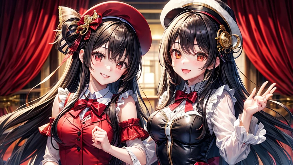 Tokisaki kurumi is looking at the camera,she is smiling and hold her hand towards the camera