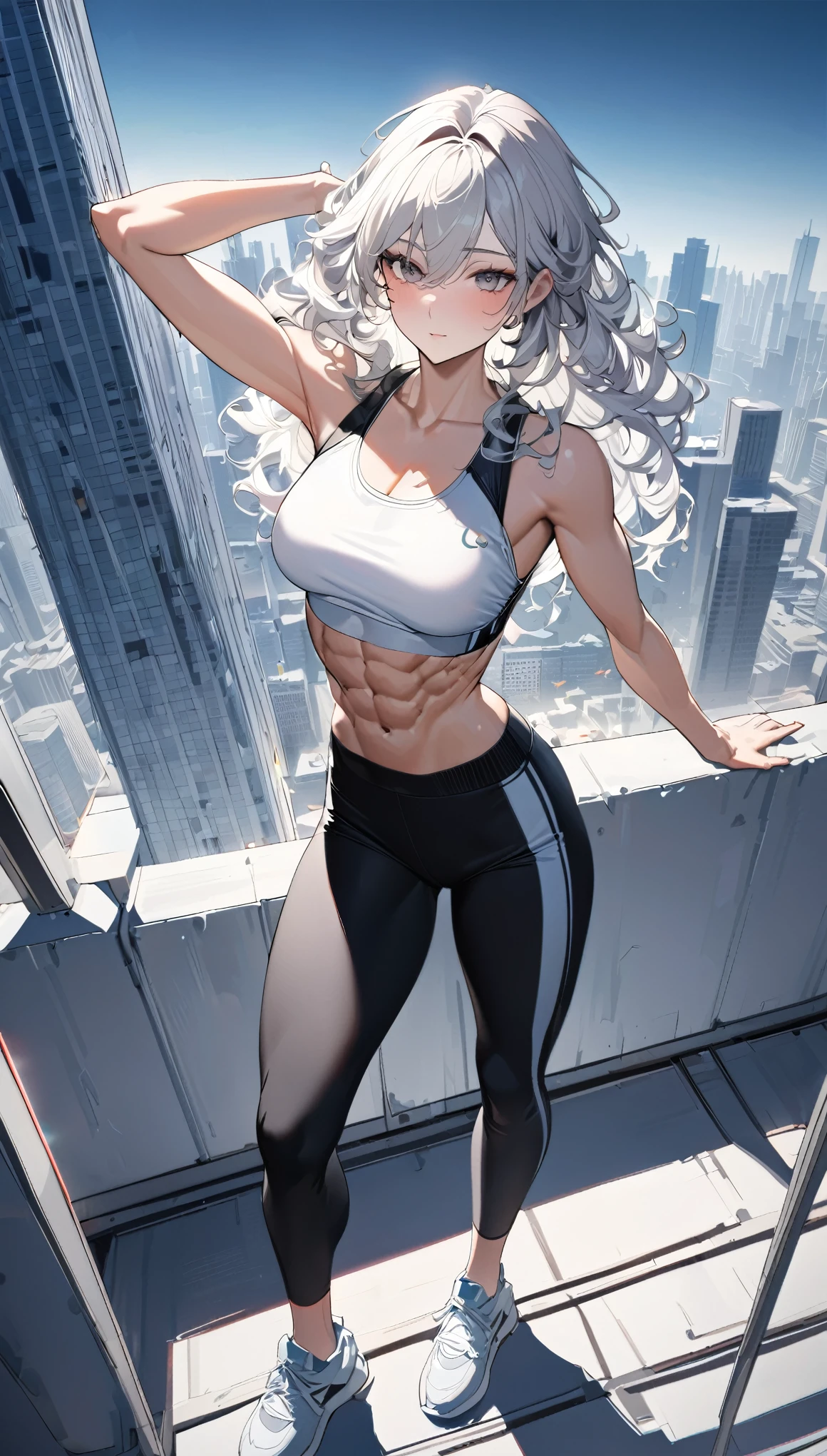 best quality, super fine, 16k, incredibly absurdres, extremely detailed, 2.5D, delicate and dynamic, beautiful woman, white messy wavy hair, captivating look, wearing fitness uniform with white crop tank top and black low rise pants, superlative body proportion, abs, beautiful view from the rooftop of a skyscraper on a clear day