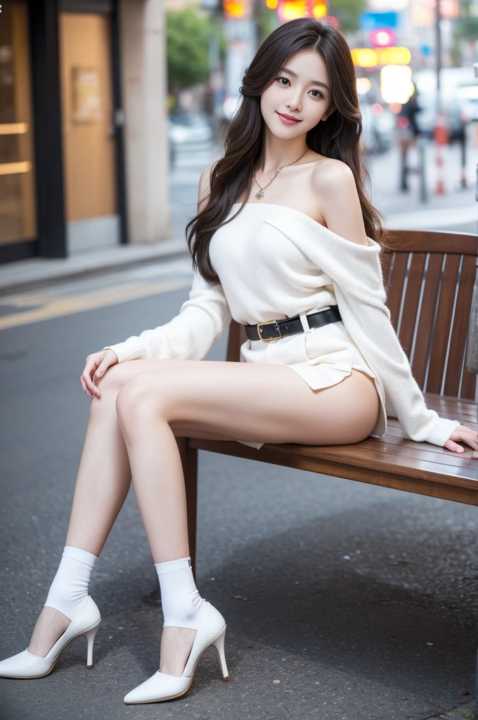 Front Angle, (8K, best quality, masterpiece:1.2), (Practical, photo-Practical:1.37), Extremely detailed, 1 girl, Looking at the audience, Beautiful and detailed sky, Detailed café street, sit, full_Body, Small head, Exquisite necklace, beautiful legs:1.2, Long legs:1.2, Slender legs, High heel:1.3, White socks:1.4, ??????????????, High waist, Willow Waist, Off-shoulder, belt, Short bottoms, Beautiful and delicate eyes, daytime, Warm colors, White lace, (Long hair:1.4), 银色中Long hair, White skin, light, Street Lights, (Tea table:1), (handbag:1), ulzzang-6500-v1.1:0.66，?????????????，Smiling