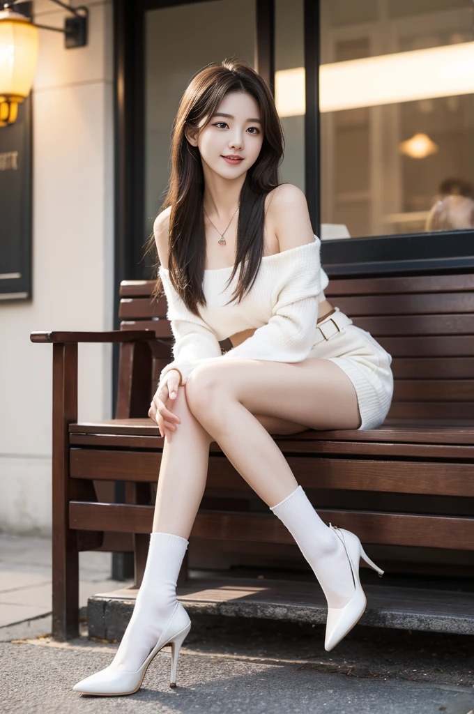 Front Angle, (8K, best quality, masterpiece:1.2), (Practical, photo-Practical:1.37), Extremely detailed, 1 girl, Looking at the audience, Beautiful and detailed sky, Detailed café street, sit, full_Body, Small head, Exquisite necklace, beautiful legs:1.2, Long legs:1.2, Slender legs, High heel:1.3, White socks:1.4, , High waist, Willow Waist, Off-shoulder, belt, Short bottoms, Beautiful and delicate eyes, daytime, Warm colors, White lace, (Long hair:1.4), 银色中Long hair, White skin, light, Street Lights, (Tea table:1), (handbag:1), ulzzang-6500-v1.1:0.66，，Smiling