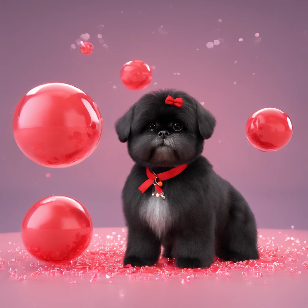 2 adorable small black shih tzus wearing a red collar taking a bath with soap bubbles