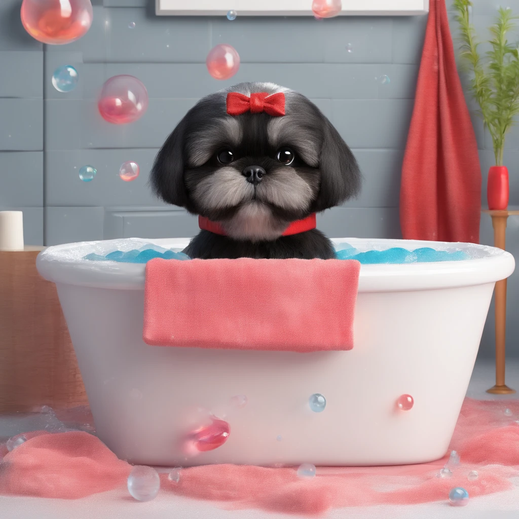 2 adorable small black shih tzus wearing a red collar taking a bath with soap bubbles