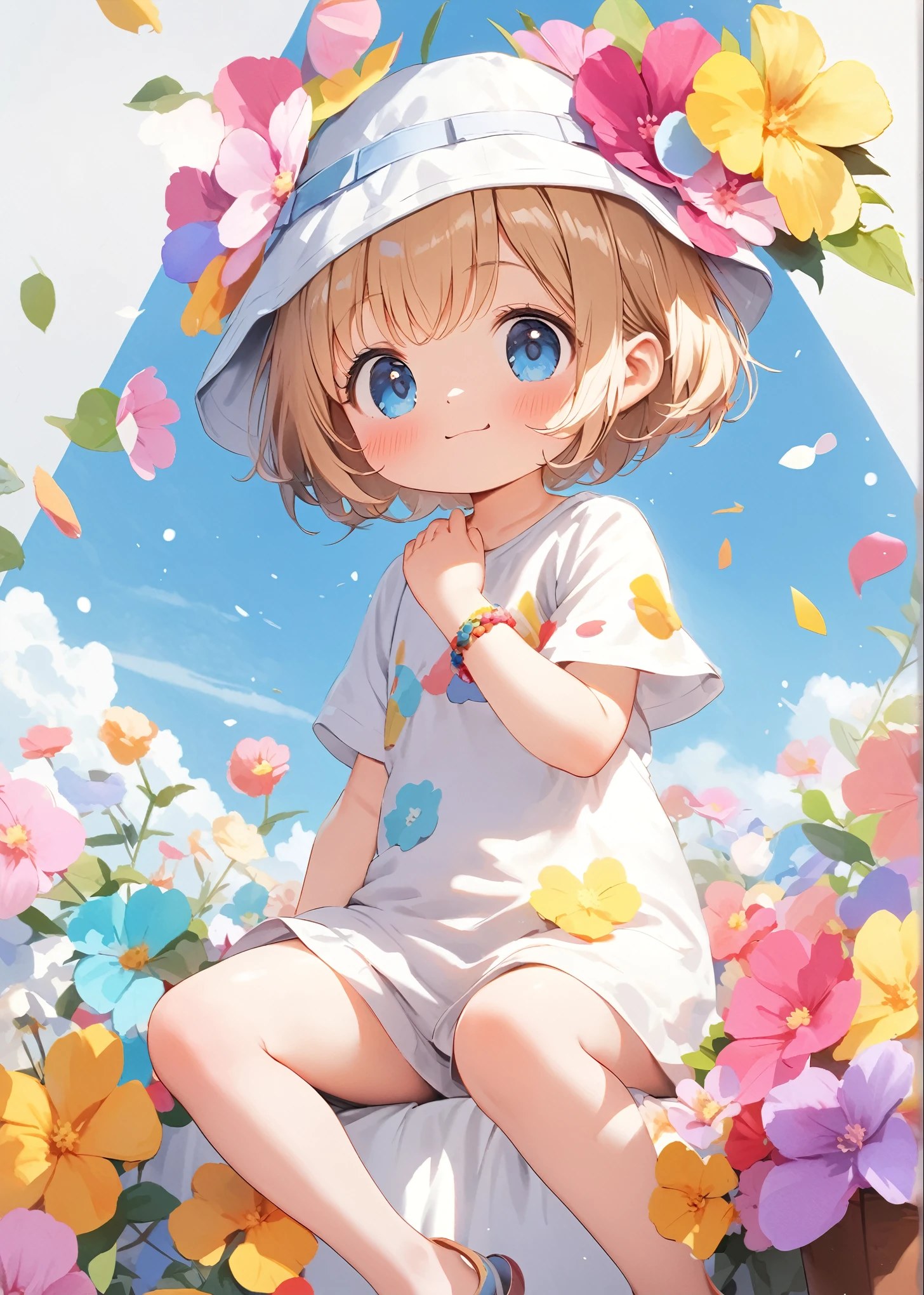 (solo:1.5),1baby\(very cute,soft skin,(newborn:1.7),eyes\(dark gray\),age of 1,blond halr,soft curly hair,(very short hair:2.0),(wearing hat\(bucket hat\):1.5),wearing romper\(short sleeve,legless\),bracelet\(black beads \) on left arm, (looking back:1.5) at viewer,cute smile,full body\) is sitting on the soft cloth at very beautiful seashore\(white sand,shiny blue ocean,blue sky,beautifl clouds\),[nsfw], BREAK ,(design of the hat\(white, cute colorful flowers\(flat design\)\):1.5) and romper\(white, cute colorful flowers\(flat design\)\):1.5), BREAK ,quality\(8k,wallpaper of extremely detailed CG unit, ​masterpiece,hight resolution,top-quality,top-quality real texture skin,hyper realisitic,increase the resolution,RAW photos,best qualtiy,highly detailed,the wallpaper,cinematic lighting,ray trace,golden ratio\),low angle,