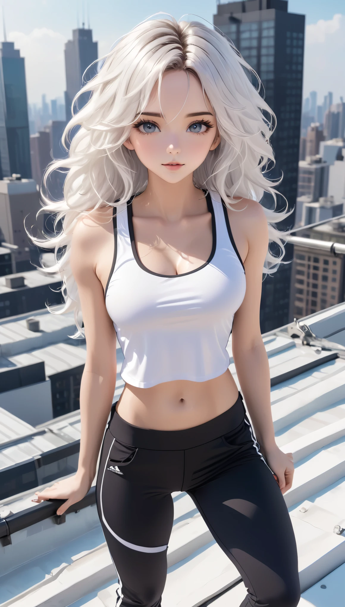 best quality, super fine, 16k, incredibly absurdres, extremely detailed, 2.5D, delicate and dynamic, beautiful woman, white messy wavy hair, captivating look, wearing fitness uniform with white crop tank top and black low rise pants, superlative body proportion, abs, beautiful view from the rooftop of a skyscraper on a clear day