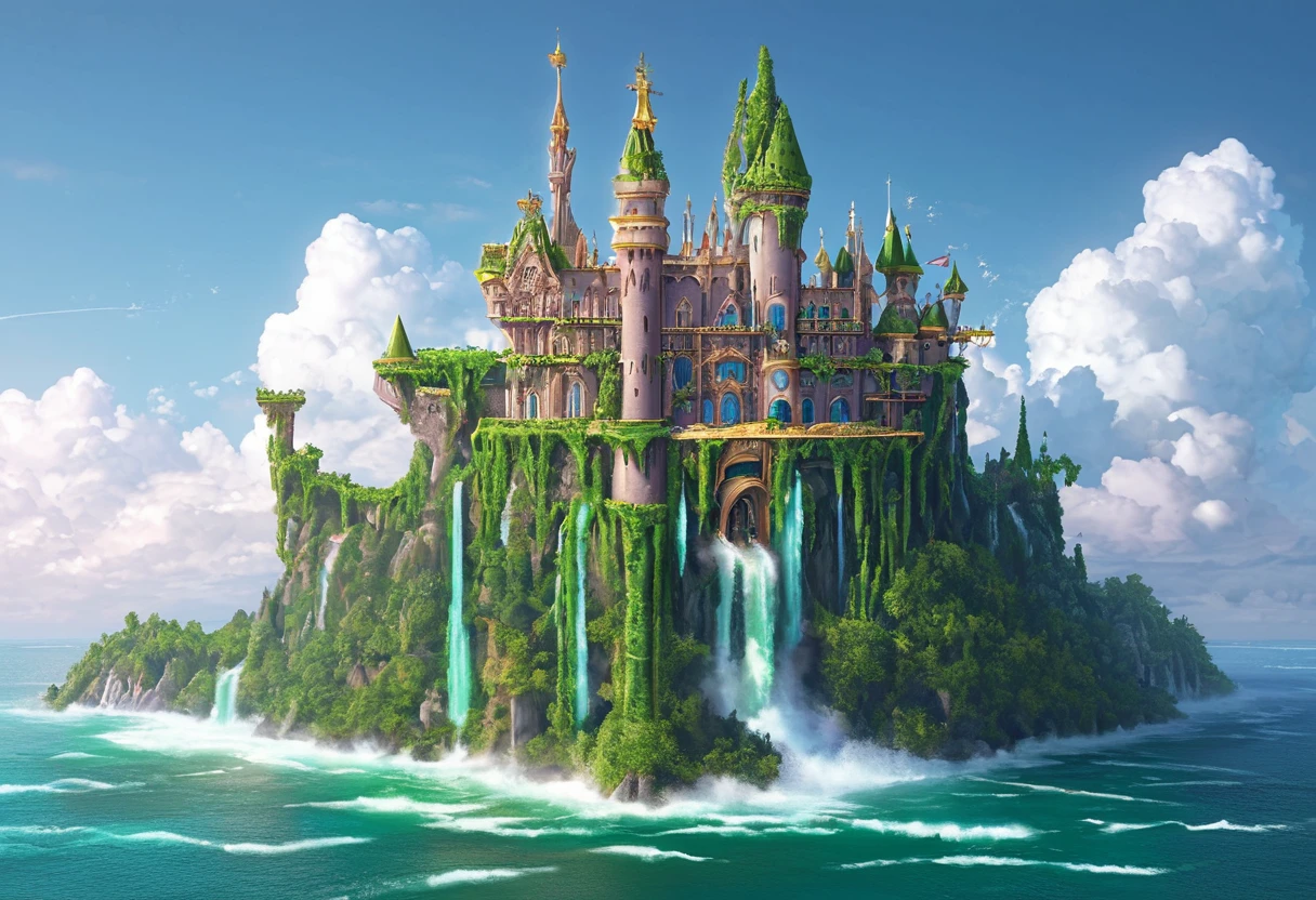 A magnificent medieval European-style castle floats on a giant rock island in the sky, surrounded by clear blue skies and a sea of clouds. The castle features bronze-roofed towers with golden decorations, and emerald green vines hanging from the island. Waterfalls cascade into the air, while small airships and dragons fly around. Magical light particles and aurora-like bands create a fantastical atmosphere, all bathed in the soft light of dawn or dusk.