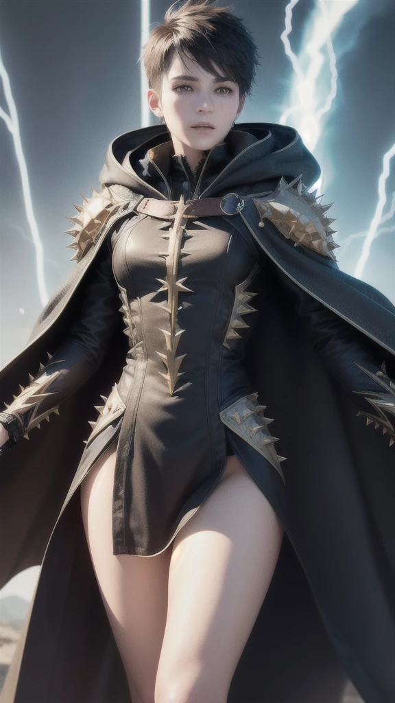 1 boy, 1 young man (skindentation:1.5), Realistic, Photorealistic, (masterpiece:1.5), concept art, intricate details, highly detailed, photorealistic, octane render, 8k, unreal engine, dynamic pose, best quality, highres, (realistic face:1.1), (hyperrealistic:1.1), ((full_body)), perfect eyes,(shiny skin:1.2), (((very small ?????? boyish hairstyle))), (((perfect hands))), (extremely detailed background), ((dynamic background)), ((lightning)), (light rays), ((1girl)), wearing cloak, (((flowing cloak))), ((detailed eyes, high quality eyes, high quality face)), (extremely intricate robes, magical robes), short hair, casting lightning, electricity, swirling fire, radiating power, sparks, smoke, magic, ((dramatic)), epic, battlefield, depth of field, bokeh, 4k, gothic, ember, particles, long legs, thick thighs, large hips, adult man, having beard 