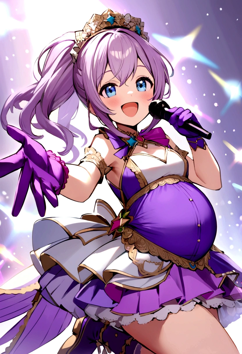 pregnant cute and beautiful idol girl with purple pony tail hair, light blue eyes, white and purple shirt, white and purple skirt, purple gloves and purple boots with a microphone on her hand, happy