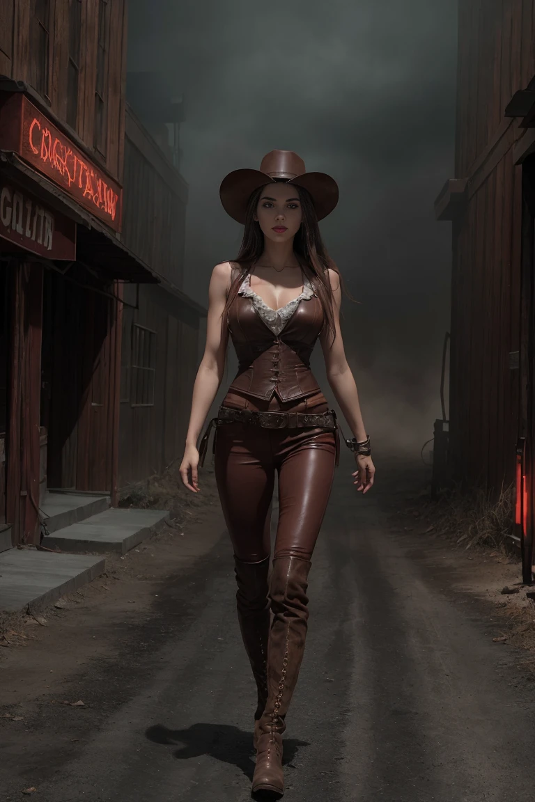 circa 1880s full body western cowboy woman, long brown straight hair, brown eyes, high arched eyebrows, long graceful neck, red lips, large breasts, tight brown leather pants, sleeveless brown leather vest, leather boots,  deserted uninhabited North American small town walking on a dusty sandy street with the wind blowing her hair, realistic, photorealistic, photorealistic, horror, dark and gloomy atmosphere with dramatic lighting, dull reddish colors, Foggy environment, detailed facial expressions, Horrible fog