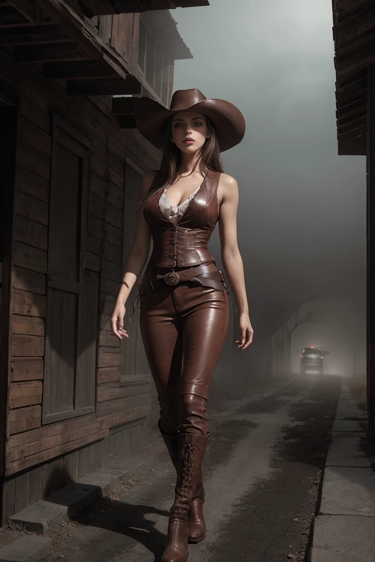 circa 1880s full body western cowboy woman, long brown straight hair, brown eyes, high arched eyebrows, long graceful neck, red lips, large breasts, tight brown leather pants, sleeveless brown leather vest, leather boots,  deserted uninhabited North American small town walking on a dusty sandy street with the wind blowing her hair, realistic, photorealistic, photorealistic, horror, dark and gloomy atmosphere with dramatic lighting, dull reddish colors, Foggy environment, detailed facial expressions, Horrible fog