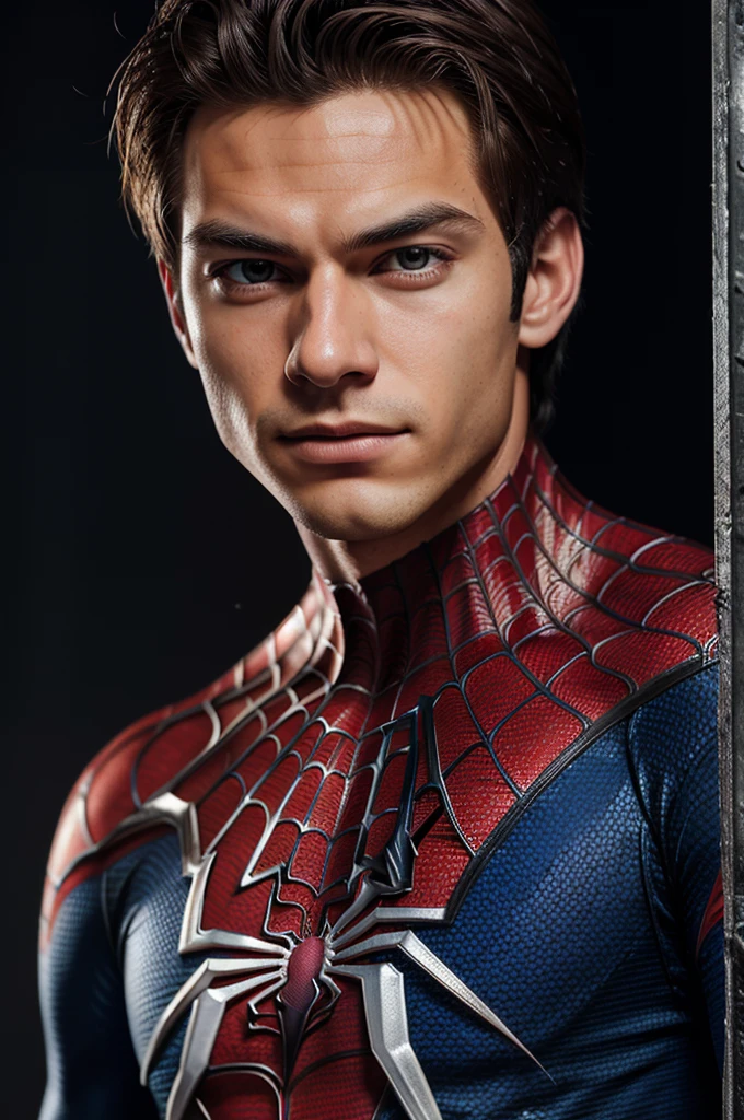A photograph of spider man, no mask, 20 yo, handsome, detailed face, looking at camera, portrait, 8k uhd, high quality