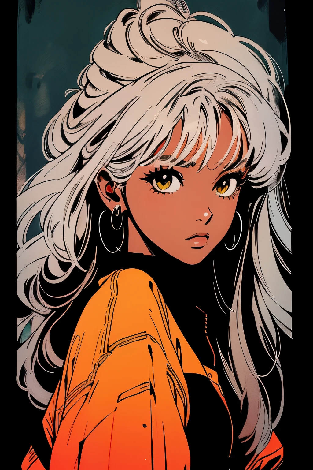 dark-skinned woman, long silver hair, pretty, yellow eyes