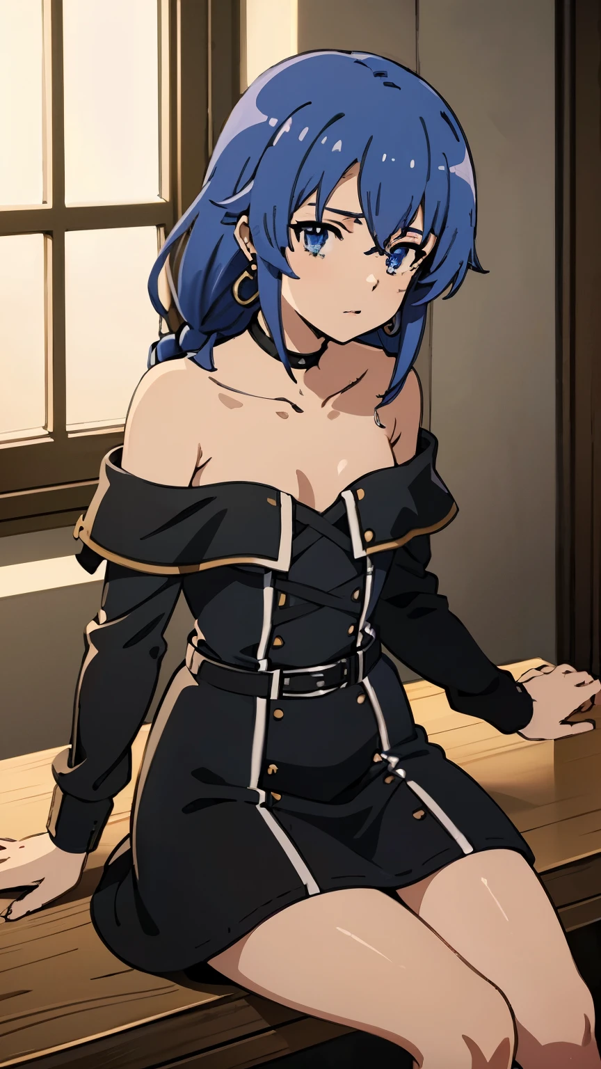 (masterpiece, best quality, high resolution, 8k:1.2),(anime), Roxy_Migurdia(mushoku tensei), 1girl, Blue eyes, Crimson blue hair, twin braids, long hair, small breasts, solo, (Black leather dress, off shoulder, earrings, evening:1.2), (watching at viewers:1.2), dynamic angles,