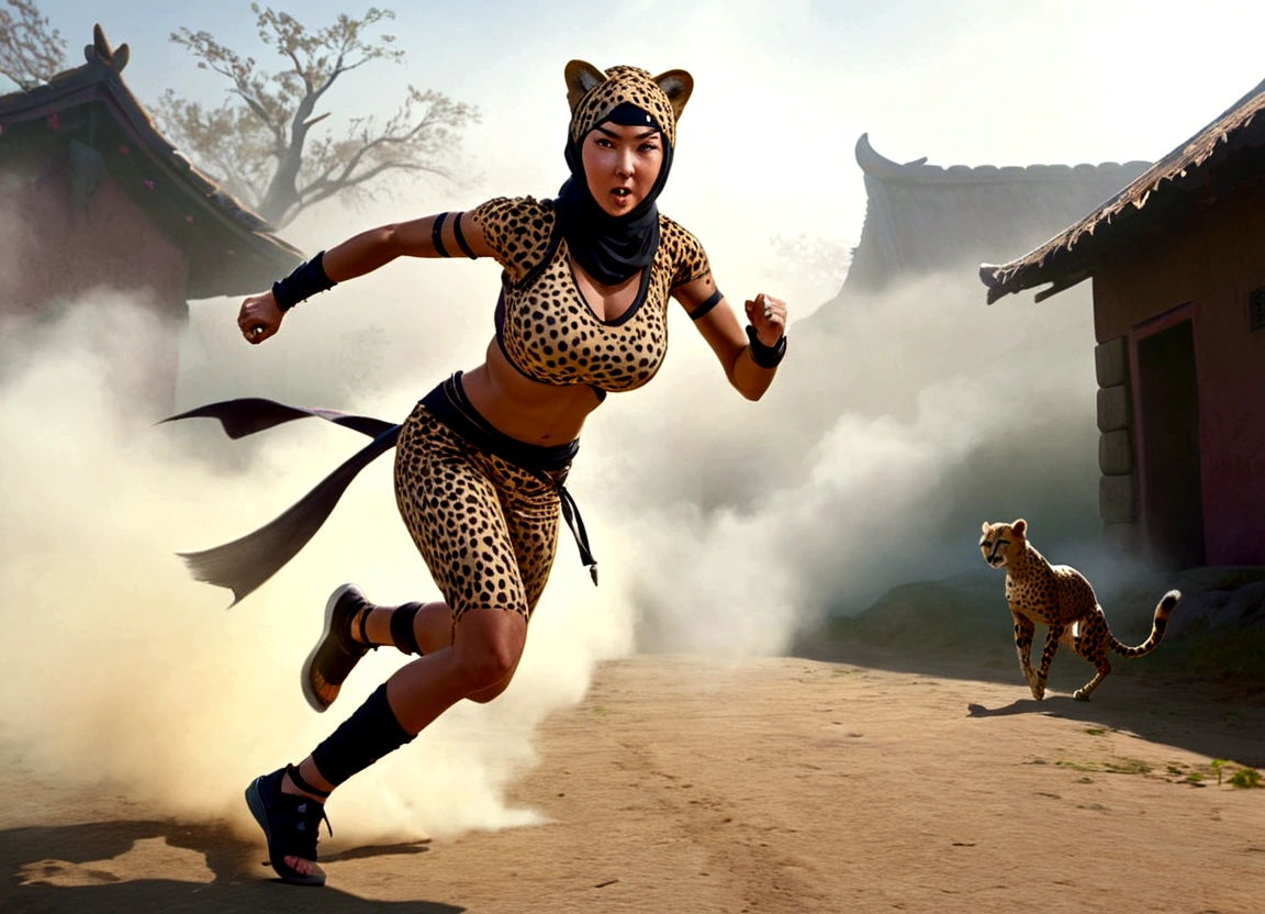 a lovely woman, cheetah print ninja outfit, cheetah ears headband, razor fist blades, ninja training, running extremely fast, zooming towards scared goblin warrior, hyperrealistic, 8k, detailed, cinematic lighting, vibrant colors, dynamic action pose, dramatic shadows, volumetric fog