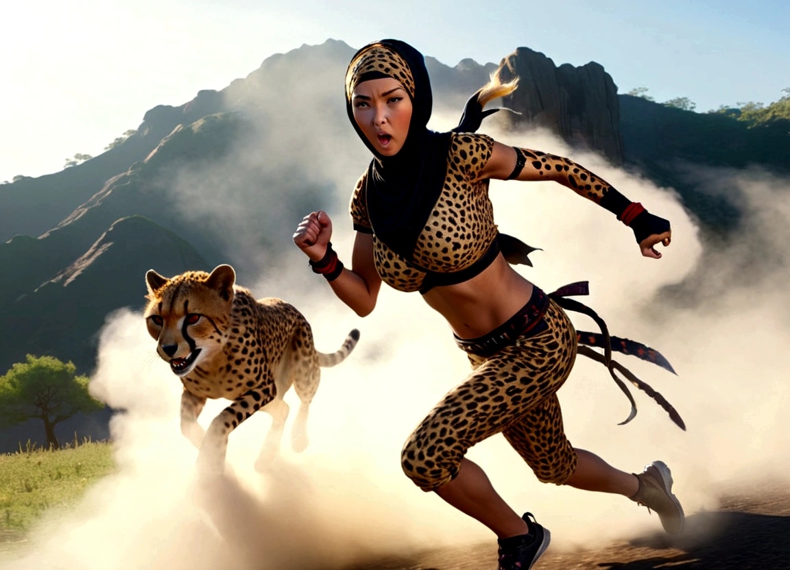 a lovely woman, cheetah print ninja outfit, cheetah ears headband, razor fist blades, ninja training, running extremely fast, zooming towards scared goblin warrior, hyperrealistic, 8k, detailed, cinematic lighting, vibrant colors, dynamic action pose, dramatic shadows, volumetric fog