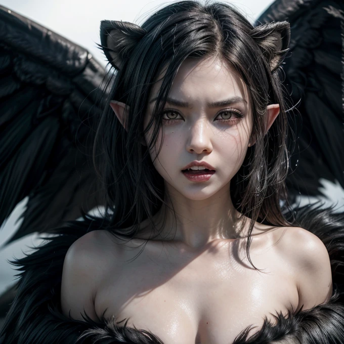 Creature, woman's head, short black hair, yellow glowing eyes, sharp teeth, angry face, big black wings, silver crown, elf ears, lioness body 