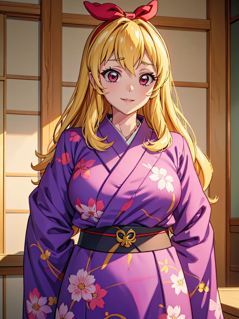 aikatsu,Blonde_HAIR,(top-quality: 1.3), (​masterpiece: 1.3), (Super Detail: 1.3), (wall-paper, one girls: 1.1)、(Detailed hands and fingers:1.2)、(Detailed ultra-oily shiny skin:1.1)、(Yukata at the ryokan:1.2)、Brown hair、Longhaire、Straight hair、Beautiful sister、ssmile、(Ryokan rooms:1.2)、(Beautiful Large_Breasts:1.3) 、traditional Japanese room、Tatami mats、sexypose