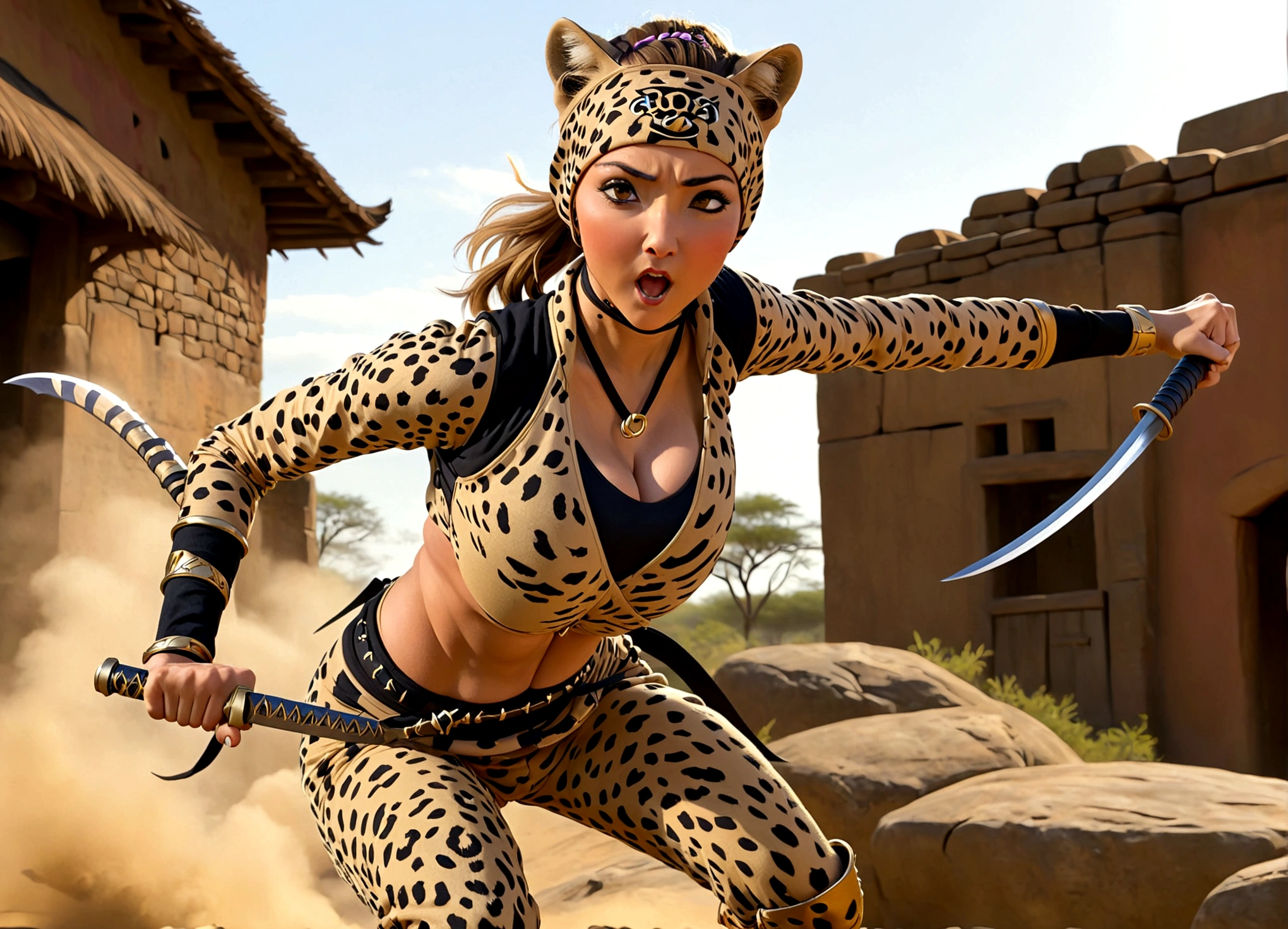 A lovely woman (in a cheetah print ninja outfit, cheetah ears headband, razor fist blades) is using her ninja training to run really fast, zooming towards a scared goblin warrior