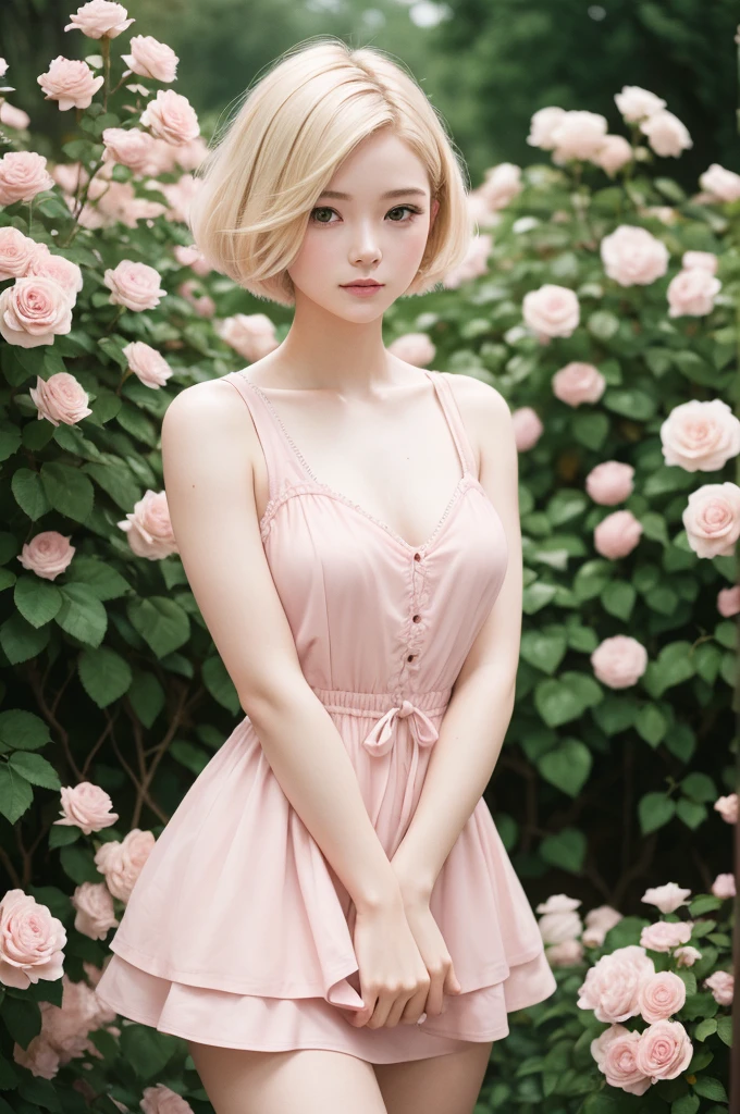 8K, CRU photo, Fujifilm, style photo of a beautiful young woman like Avril in a light pink rose garden (highly detailed skin: 1.2) Style-Petal BREAK short hair, blonde hair with colored highlights, wearing a dress, film grain, 35mm, cute style