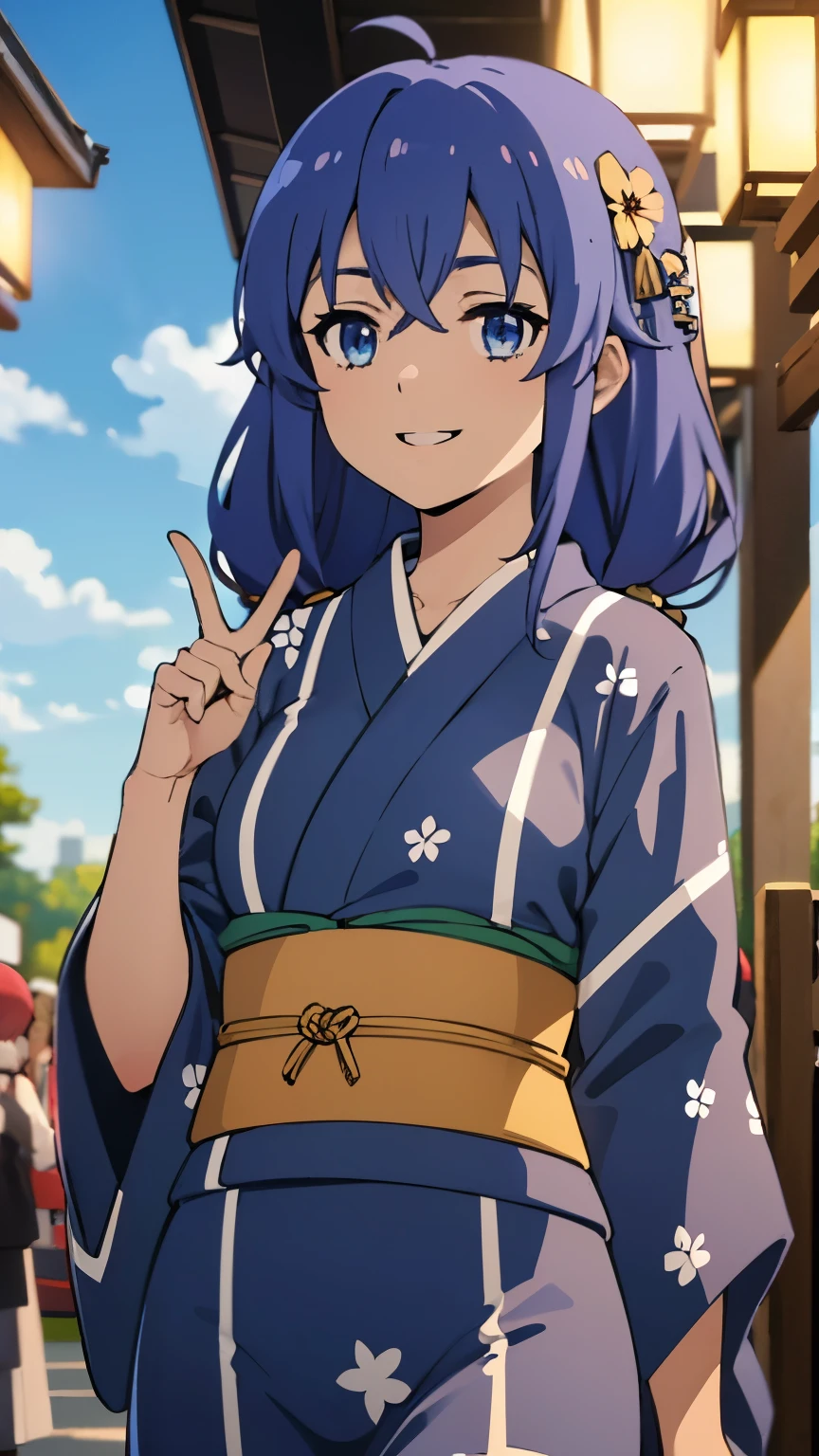 (masterpiece, best quality, high resolution, 8k:1.2),(anime), Roxy_Migurdia(mushoku tensei), 1girl, Blue eyes, Crimson blue hair, twin braids, long hair, small breasts, solo,(smile), (Floral yukata, floral hair accessories, summer festival:1.2), (watching at viewers:1.2), dynamic angles,