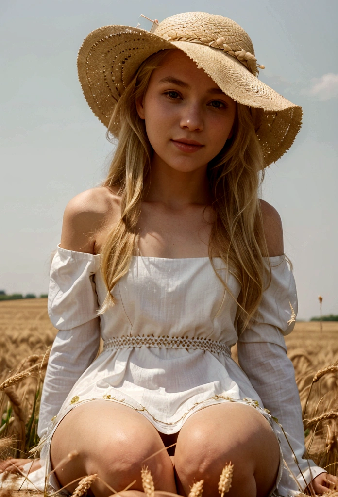 A girl in a long white summer dress with long sleeves is sitting in a field with wheat. Her hair is blond to the shoulder blades. A straw hat is on his head