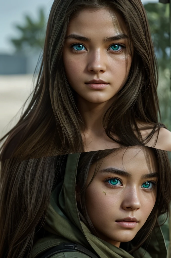 Call of Duty, girl with long brown hair, eyes of different colors, one green and the other blue, Japanese eyes and a scar on her eye