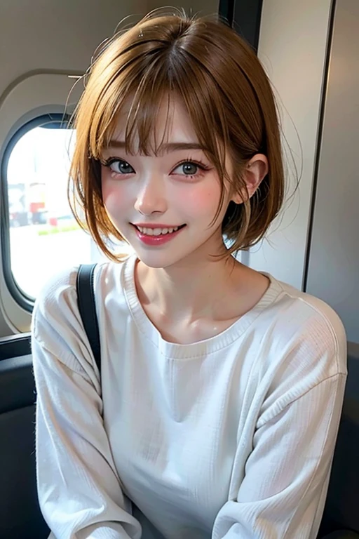 highest quality, masterpiece, Ultra-high resolution, (Realistic:1.4), (Close-up portrait) RAW Photos, 1 girl,20-year-old,((Inside the Shinkansen)),((Wireless Earphones)),((Staring at your smartphone screen)),,((Blonde Gal Makeup)),((High  Fashion)),Messy Hair,((Cap Chestnut)),((Bangs short hair)),Realistic,picture media chest)),((Smiling with teeth showing)),((Big smile))