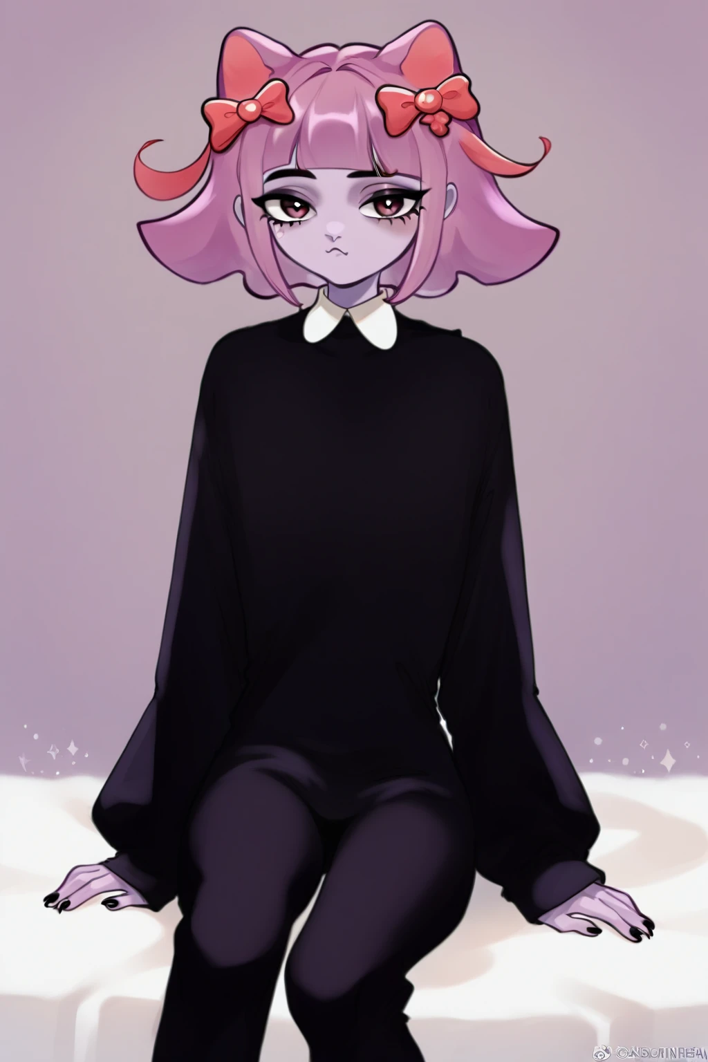 masunya, masyunya (vkontakte), masyunya /(vkontakte/), cat ears, purple skin color, hair bow, (purple hair color:1.1), black dress, cat tail, Sitting on the bed, alone, black pants, CuteStyle