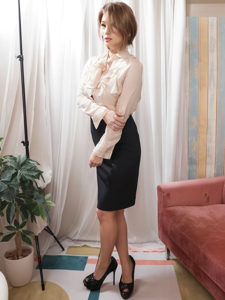 there is a woman standing in a room with a pink couch, portrait full body, elegant slim beige shirt, clothed non - nude portrait, office clothes, full body portrait shot, full body portrait posing, full body picture, full body photogenic shot, full body and head shot, mid shot portrait, full body photograph, full body photoshoot, full body shoot, side portrait