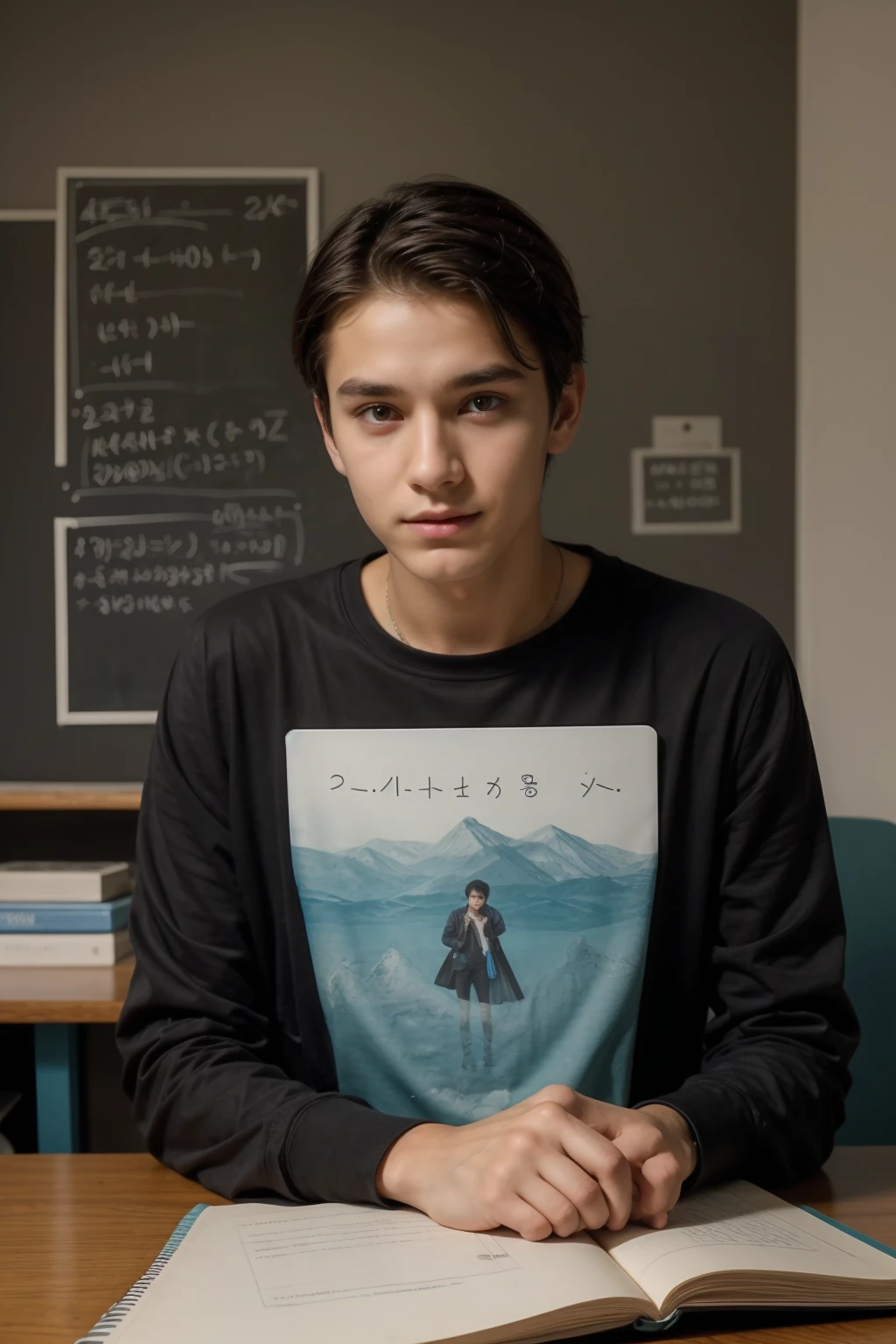 A beautiful, twinkling, cute young man, male, with dark circles under his eyes. He has black hair and a face with makeup. He is wearing a long-sleeved aquamarine shirt. He is in his office, sitting at a study desk, reading a huge book, writing in a mathematics notebook, and behind him is a blackboard with calculus written on it.  And integration and mathematical equations, and radiating neon energy comes out of the blackboard