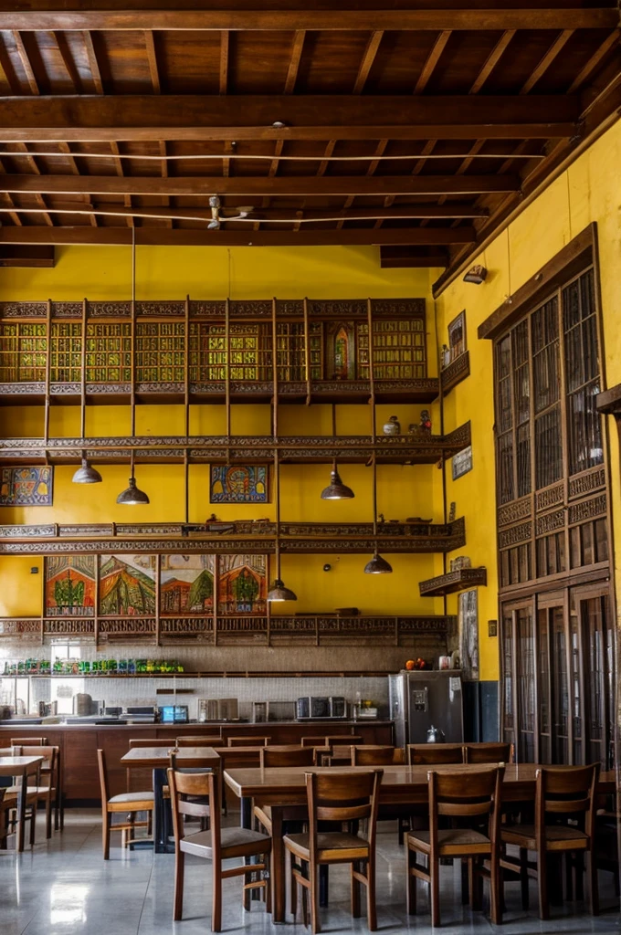 A cafeteria inside with old Bolivian decoration ,