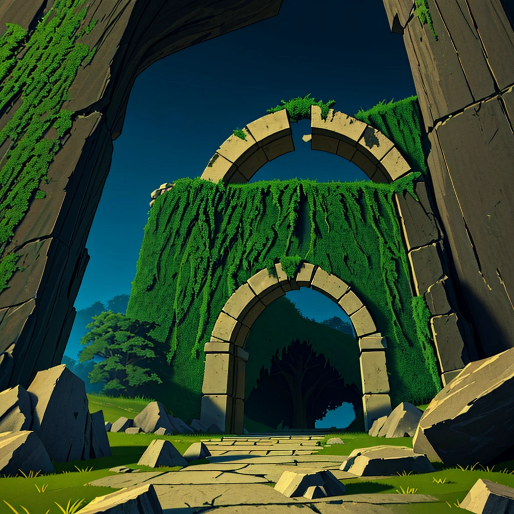 A close-up of a stone arch with grass and rocks, game asset, stone gate to a dark cave, high-quality low-poly art, low-poly 3D model, RPG game environment asset, separated game asset, magical portal gateway, low-poly elements, ruins.


