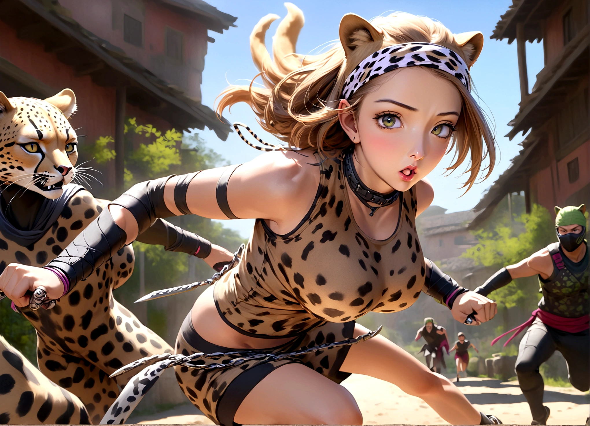 a lovely woman, cheetah print ninja outfit, cheetah ears headband, razor fist blades, ninja training, running fast, scared goblin warrior, detailed facial features, beautiful eyes, detailed nose and lips, sharp focus, vibrant colors, cinematic lighting, dynamic action pose, photorealistic, 8k, hyperrealistic, digital art, concept art