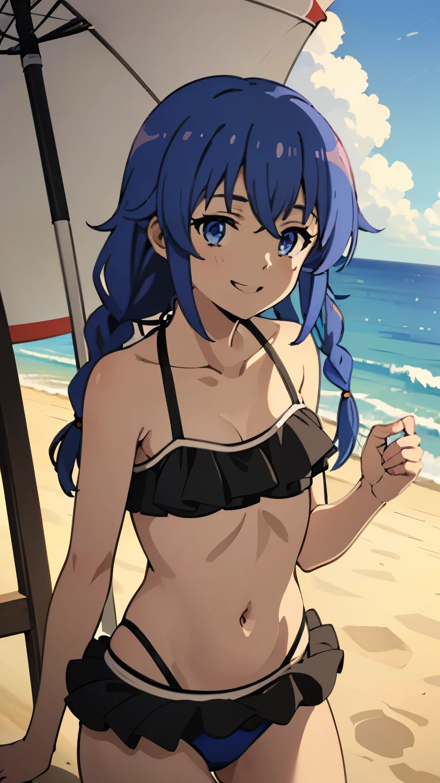 (masterpiece, best quality, high resolution, 8k:1.2),(anime), Roxy_Migurdia(mushoku tensei), 1girl, Blue eyes, Crimson blue hair, twin braids, long hair, small breasts, solo, (Pink swimsuit, bikini, frills, beach, smile:1.2), (watching at viewers:1.2), dynamic angles,