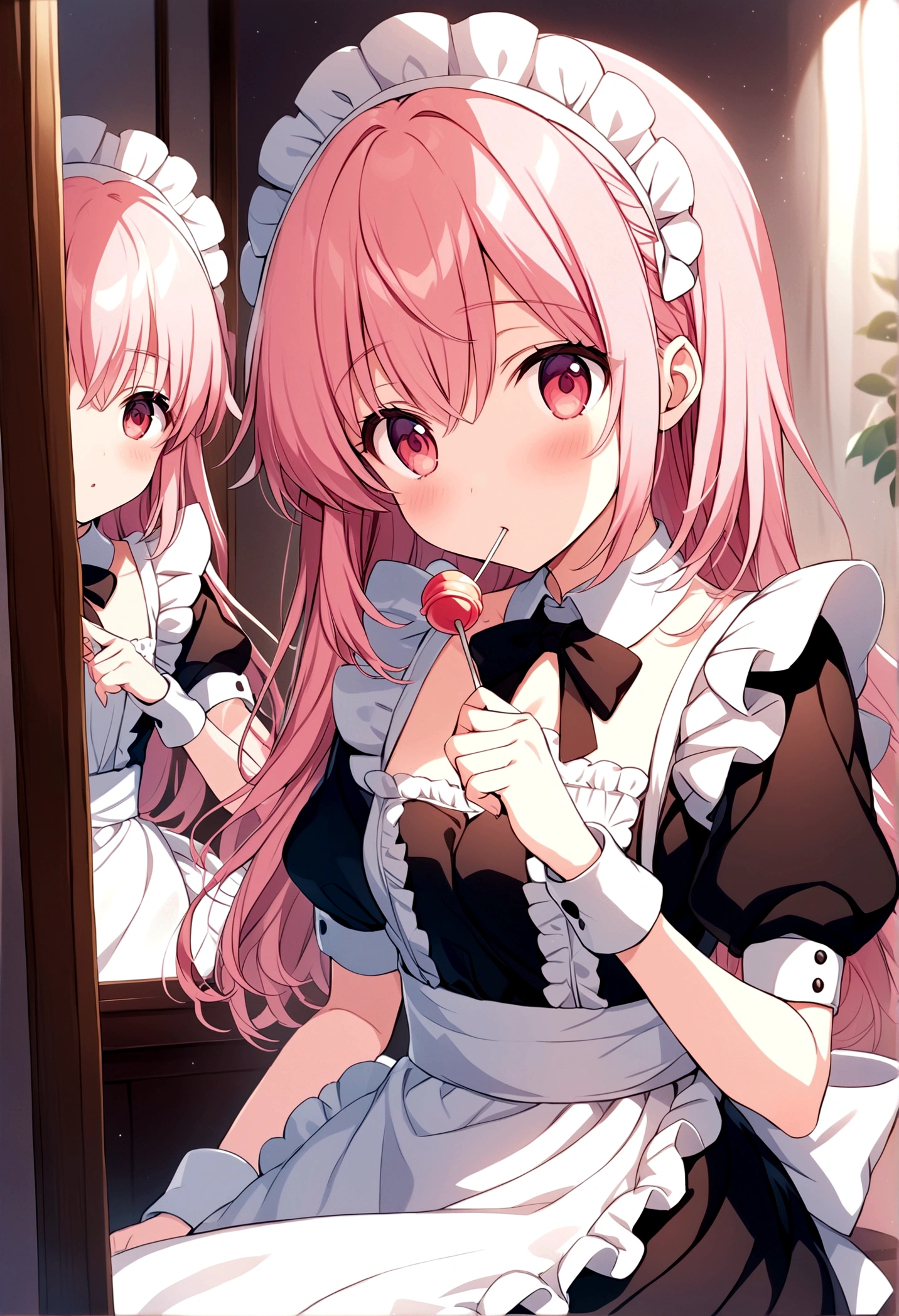 Anime girl with pink hair and white apron sitting in front of mirror, Lollipop, anime girl in a Maid costume, Cute girl anime visuals, Smooth anime CG art, Maid服, | Anime with attention to detail, gorgeous Maid, Fine details. Girl Front, Maid, Visual novels CG, Maid服, ; Visual novel, Madoka Kaname