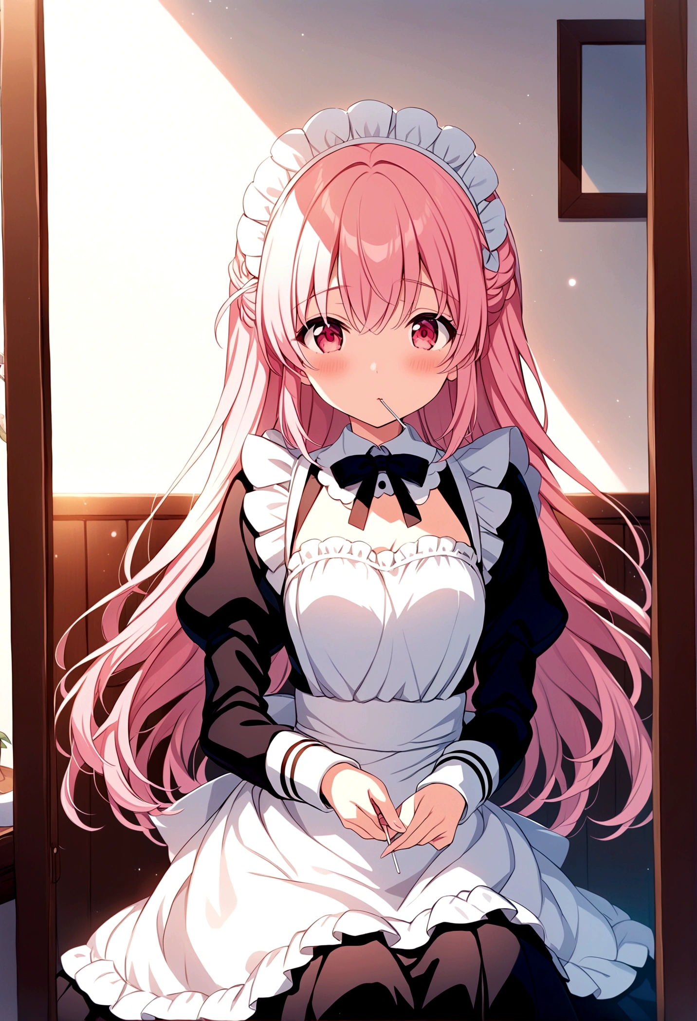 Anime girl with pink hair and white apron sitting in front of mirror, Lollipop, anime girl in a Maid costume, Cute girl anime visuals, Smooth anime CG art, Maid服, | Anime with attention to detail, gorgeous Maid, Fine details. Girl Front, Maid, Visual novels CG, Maid服, ; Visual novel, Madoka Kaname