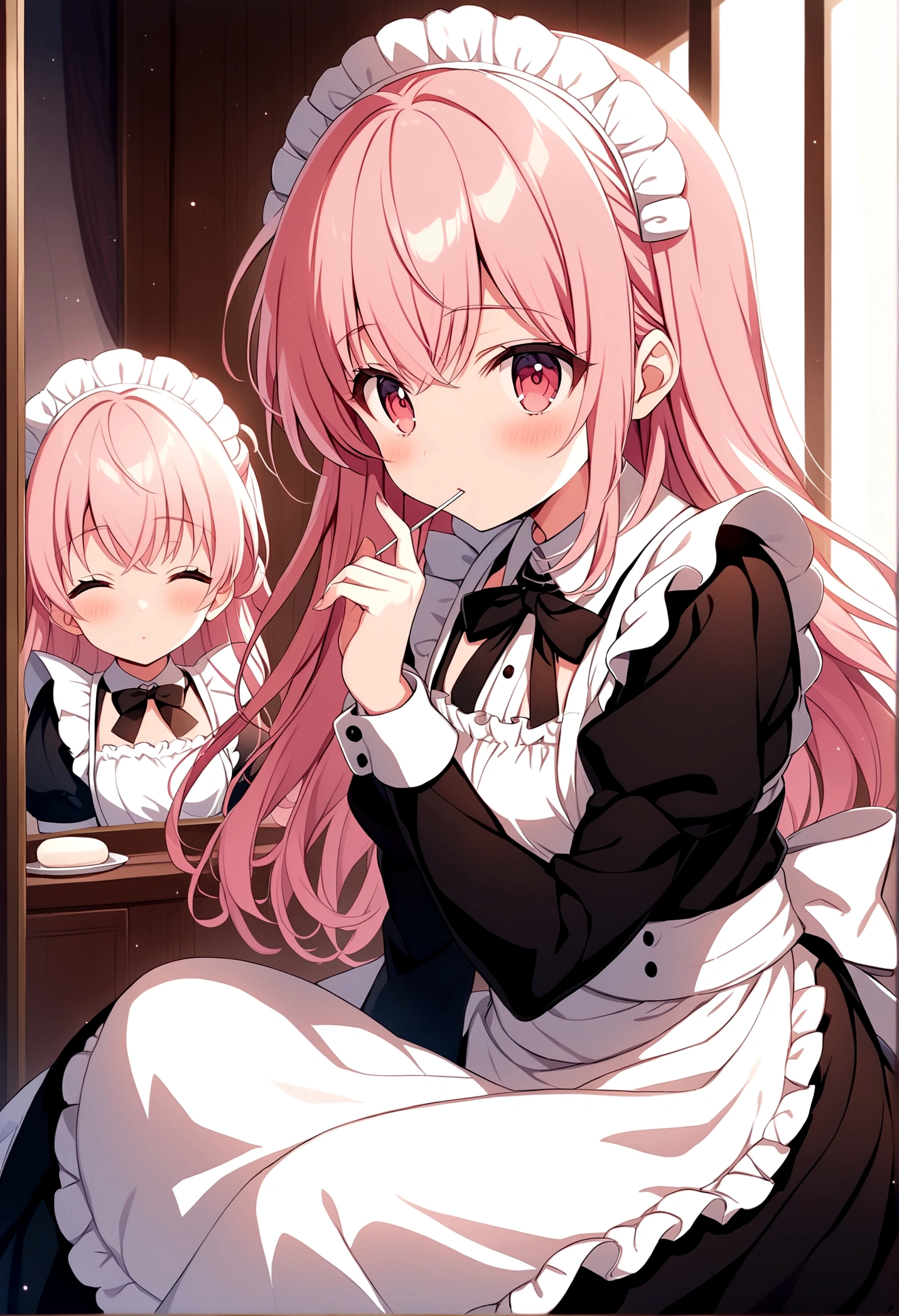 Anime girl with pink hair and white apron sitting in front of mirror, Lollipop, anime girl in a Maid costume, Cute girl anime visuals, Smooth anime CG art, Maid服, | Anime with attention to detail, gorgeous Maid, Fine details. Girl Front, Maid, Visual novels CG, Maid服, ; Visual novel, Madoka Kaname