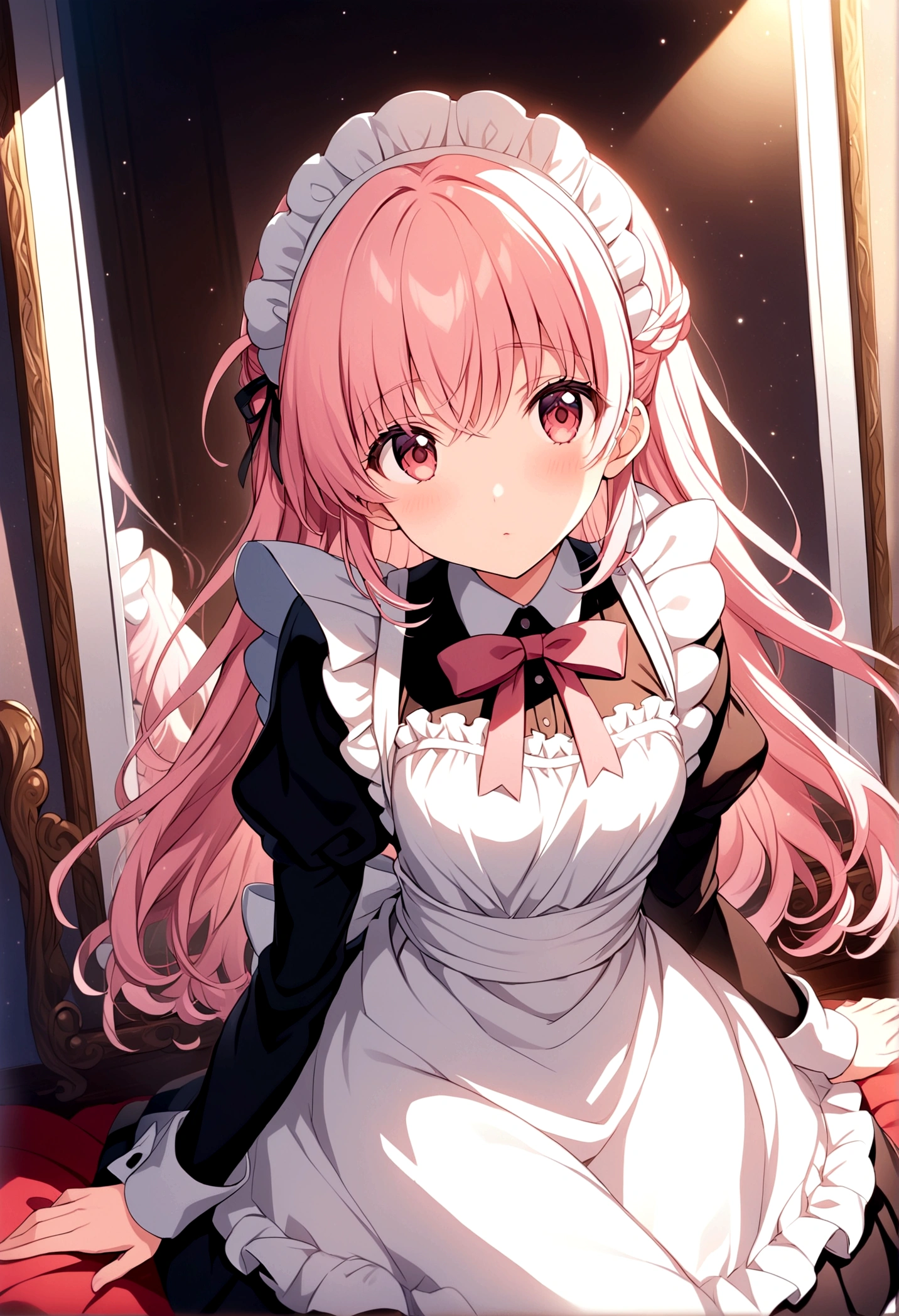 Anime girl with pink hair and white apron sitting in front of mirror, Lollipop, anime girl in a Maid costume, Cute girl anime visuals, Smooth anime CG art, Maid服, | Anime with attention to detail, gorgeous Maid, Fine details. Girl Front, Maid, Visual novels CG, Maid服, ; Visual novel, Madoka Kaname