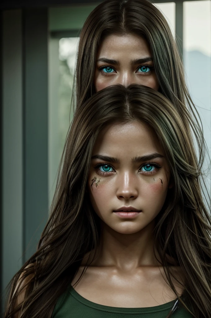 Call of Duty, girl with long brown hair, eyes of different colors, one green and the other blue, Japanese eyes and a scar on her eye, francotiradora