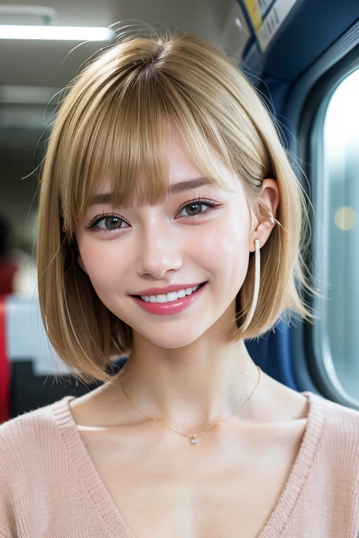 highest quality, masterpiece, Ultra-high resolution, (Realistic:1.4), (Close-up portrait) RAW Photos, 1 girl,20-year-old,((Inside the Shinkansen)),((Wireless Earphones)),((Staring at your smartphone screen)),,((Blonde Gal Makeup)),((High  Fashion)),Messy Hair,((Cap Chestnut)),((Bangs short hair)),Realistic,picture media chest)),((Smiling with teeth showing)),((Big smile))
