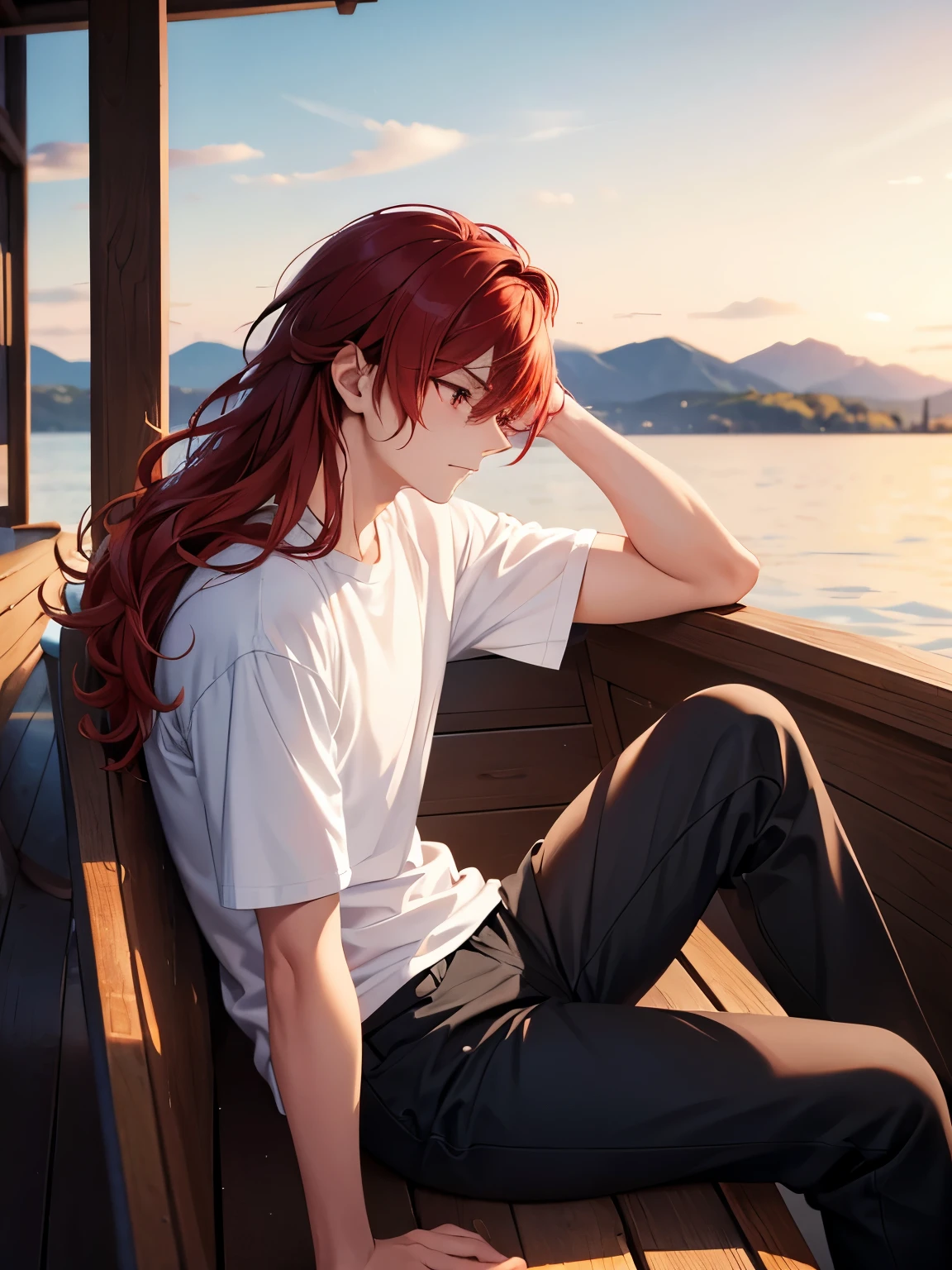1boy,18 years old,Sitting in a wooden boat,Facing to the side, looking away, camera angle from the side, photo from the side, on a lake,cool,Annoyed expression, looking away,,middle parted hairstyle,talking,Curly hair, red hair, red eyes, long hair, vampire, handsome,,close up photo,White t-shirt,Short sleeve t-shirt,,black trousers