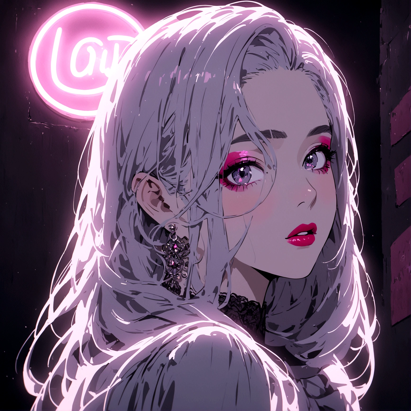 a neon sign of a girl wearing makeup