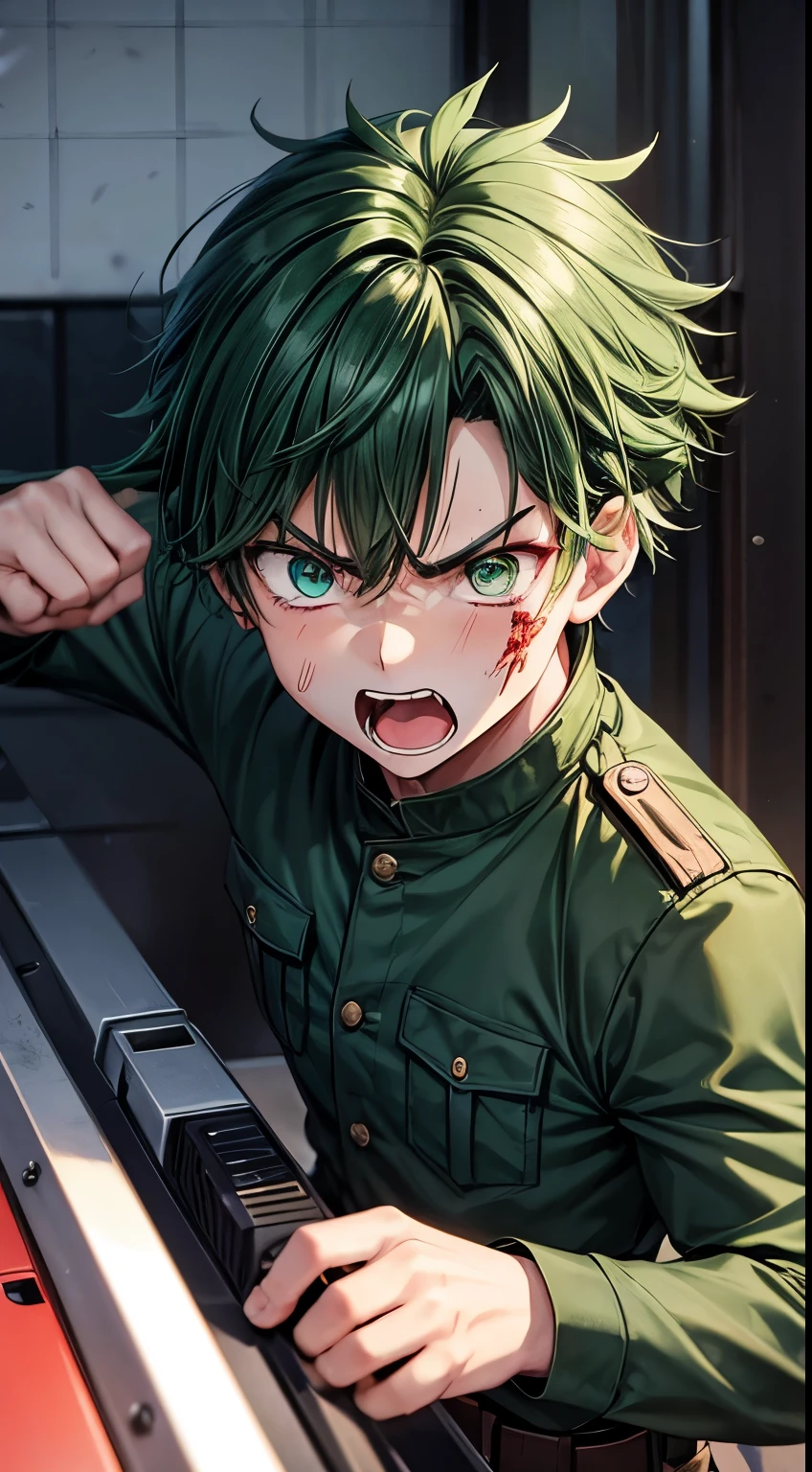Anime style boy with angry and screaming expression、Green military uniform、cool、Navy Hair、Injured